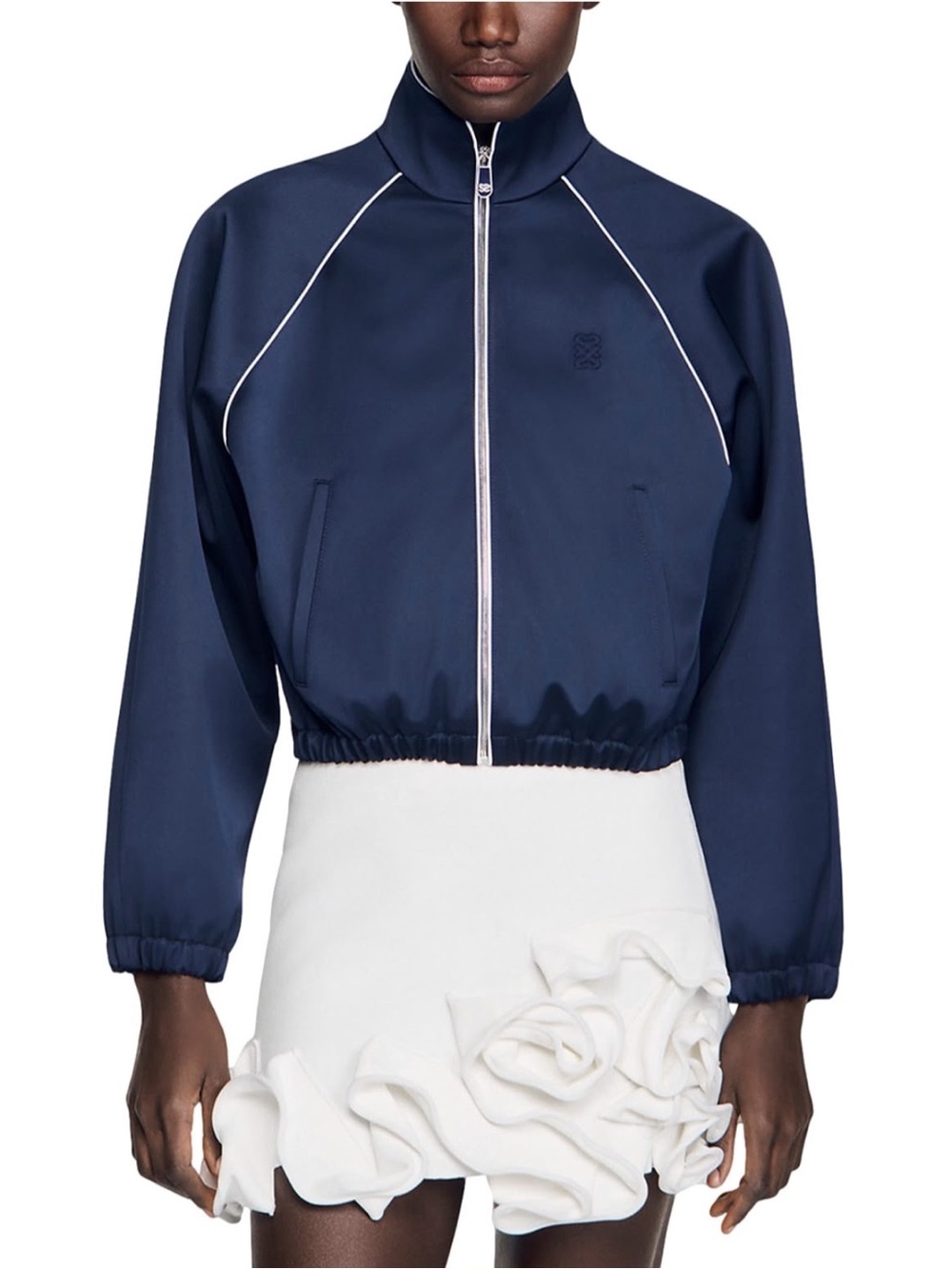 Sandro Cropped Navy Bomber Jacket with Contrast Piping